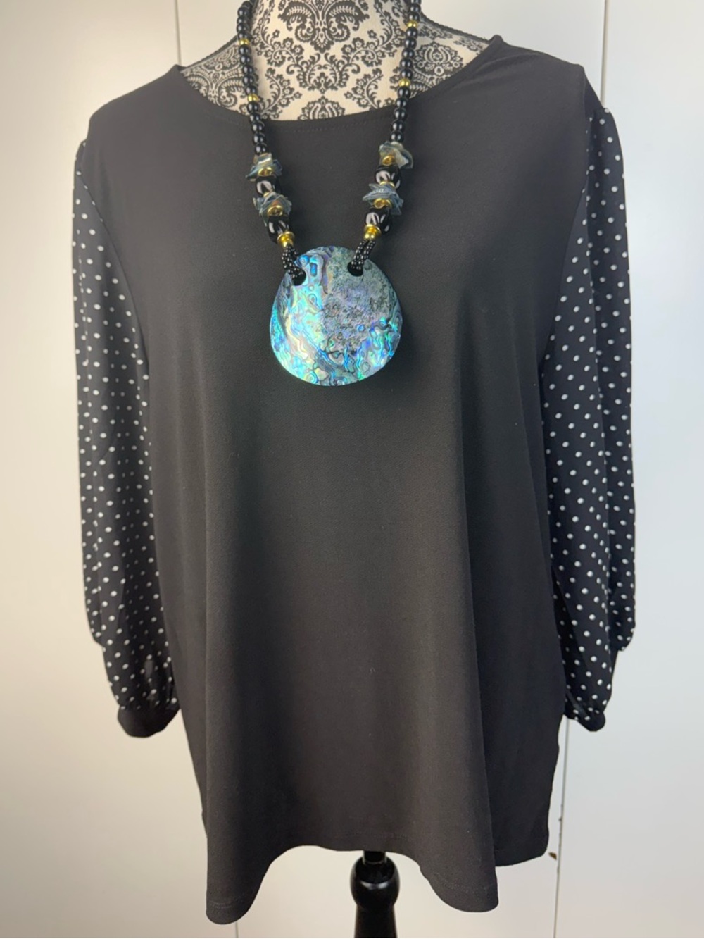 CeCe Black Blouse with Black-and-White Polka Dot Puff Sleeves size XL